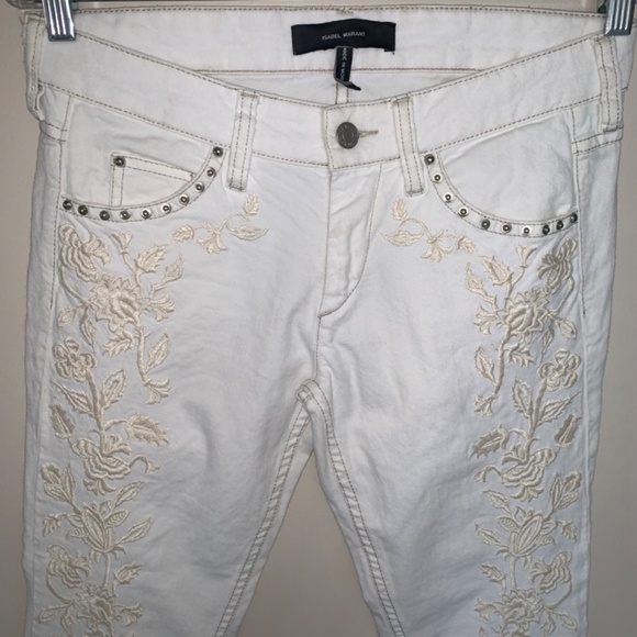 Isabel Marant Embroidered Studded Skinny Low Rise Cream Jeans 38 - Picture 8 of 14